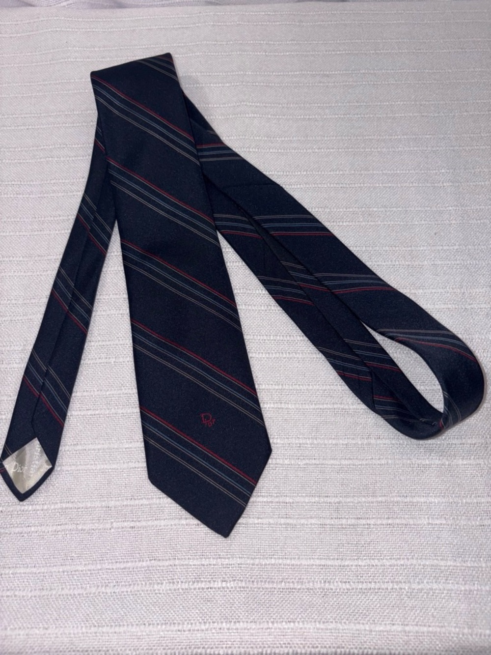 VTG 1980s Christian Dior Tie Navy Striped Polyester Silk Blend Made in USA
